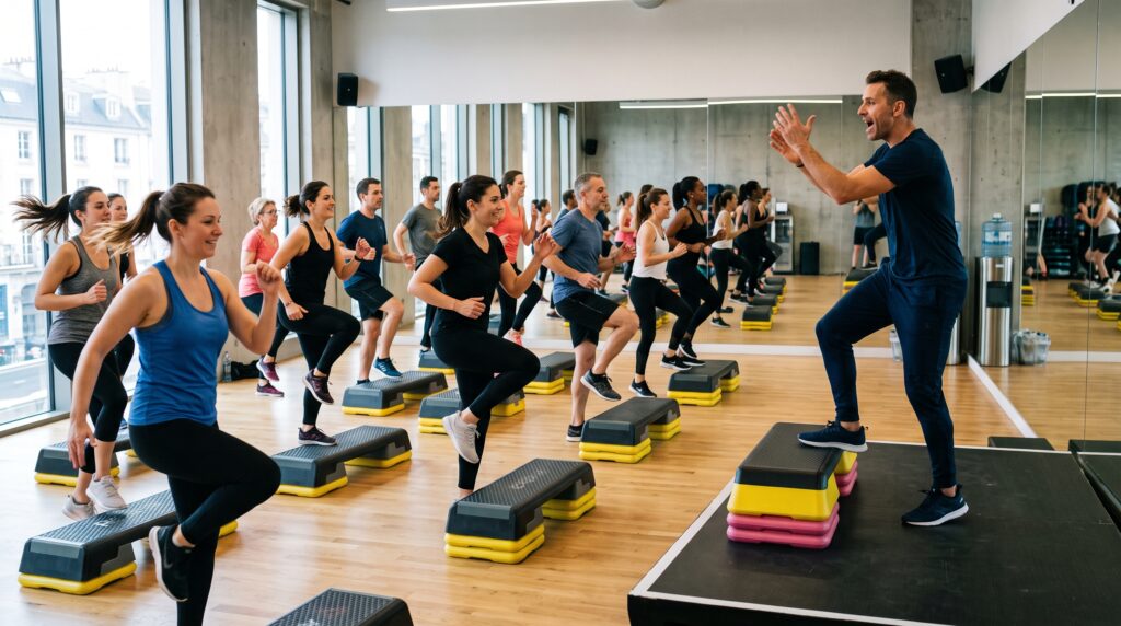 Cours collectif de step dans une salle de fitness, un coach sur son step face à une douzaine de participants en plein mouvement